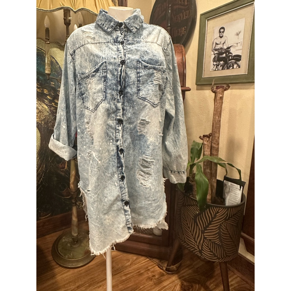 Women's Thrill Jeans Denim Shirt Dress 2X Blue Distressed